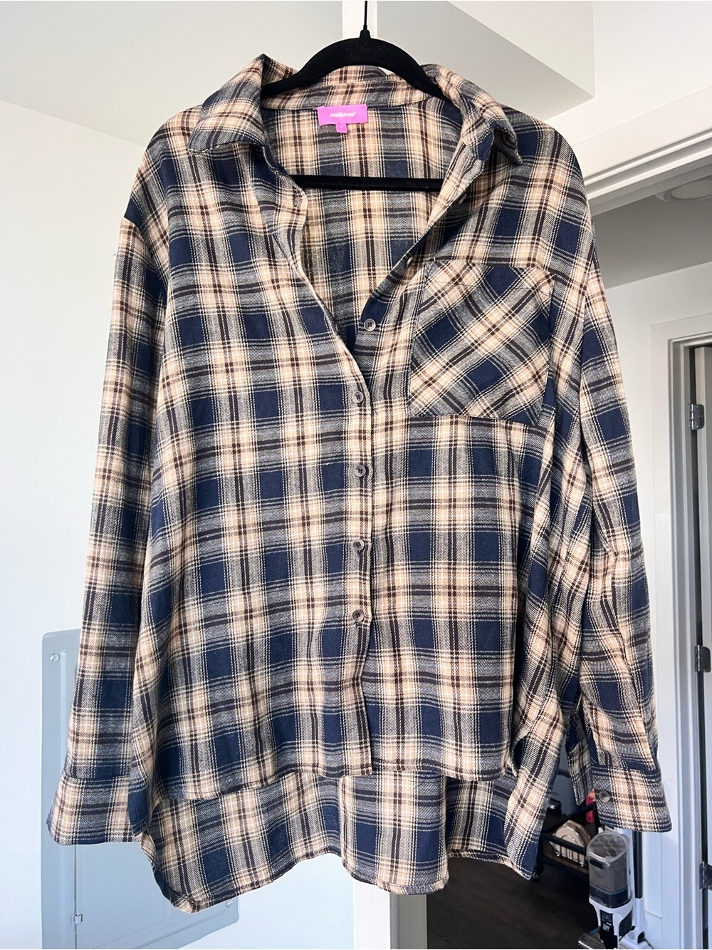 Edikted Oversized Plaid Button Down Flannel Top Tan & Navy Size Medium